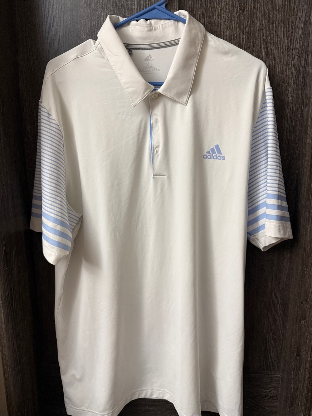 adidas Men’s White Polo with Light Blue Striped Sleeves